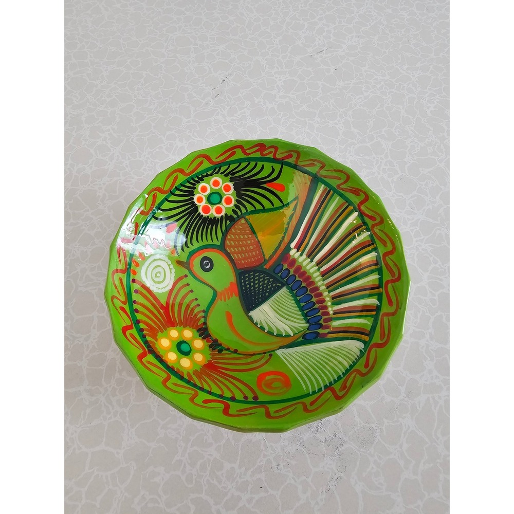 Mexican Folk Art Hand Painted Ceramic Tripod Bird Bowl Green 6 Inch Wall Hanging